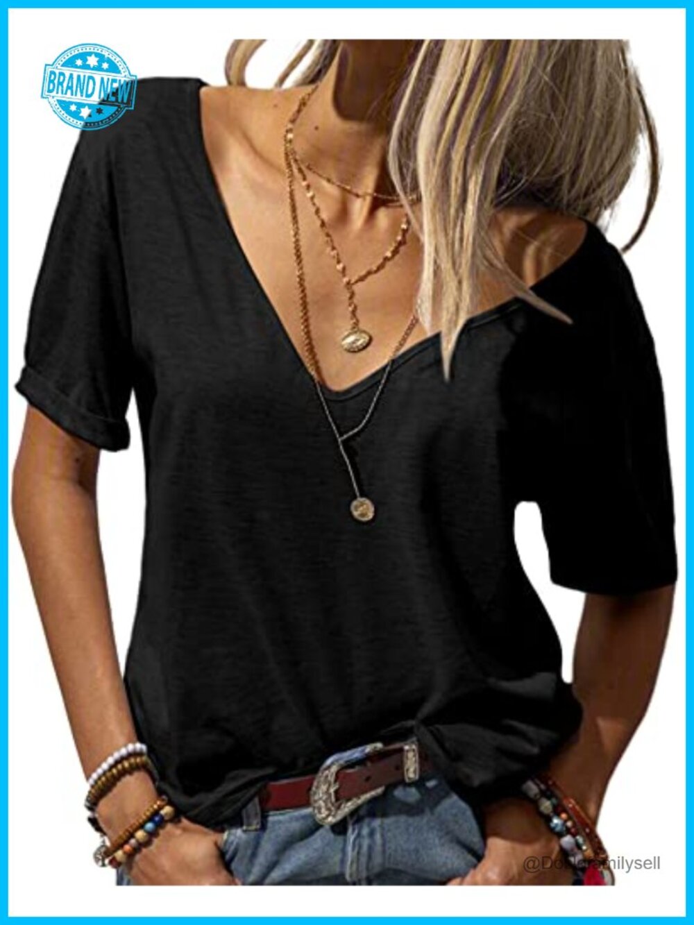 Women's Deep V-Neck Short Sleeve T-Shirt Loose Casual Summer Top